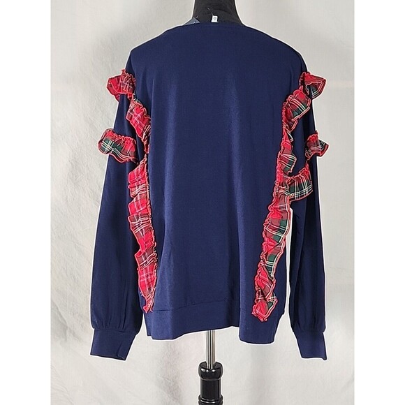 Crown & Ivy Curvy Pullover Plaid Ruffle Blouse Long Sleeve Blue Top Plus Size 2X - Picture 6 of 11